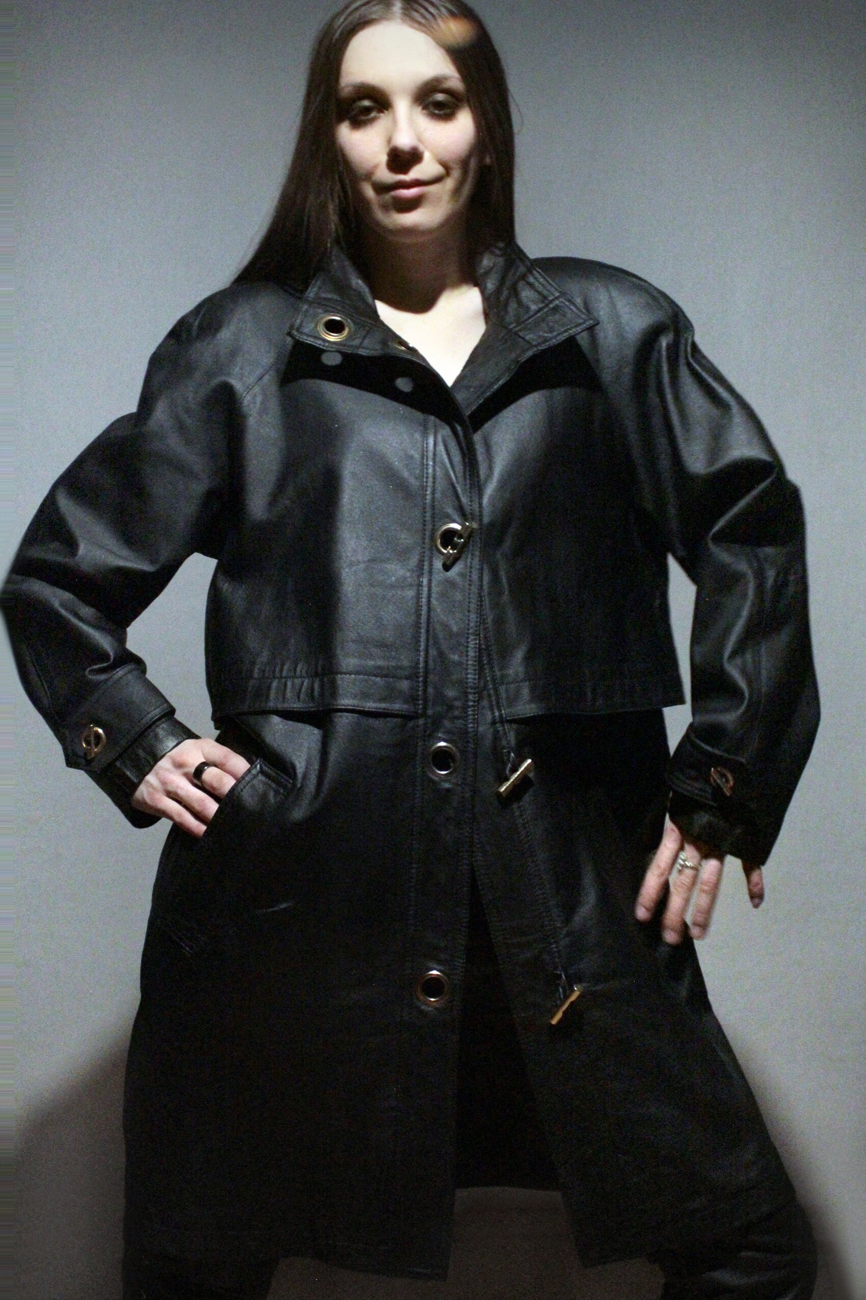 ジャケット・アウター real leather maxi long coat BLACK Black Leather Trench Coat / Womens Leather Parka / Long