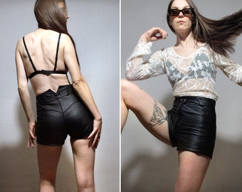 High waisted leather shorts / Vintage black leather hot pants