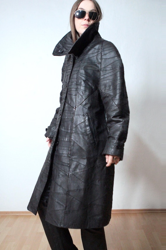 Patchwork leather coat / Dark brown leather maxi … - image 8