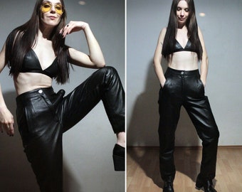 90s Leather pants / High waisted tapered leather trousers