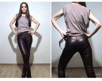 Chocolate brown leather pants / Mid rise leather trousers