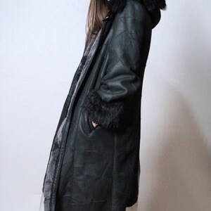 black patchwork sheepskin coat with black fur shearling