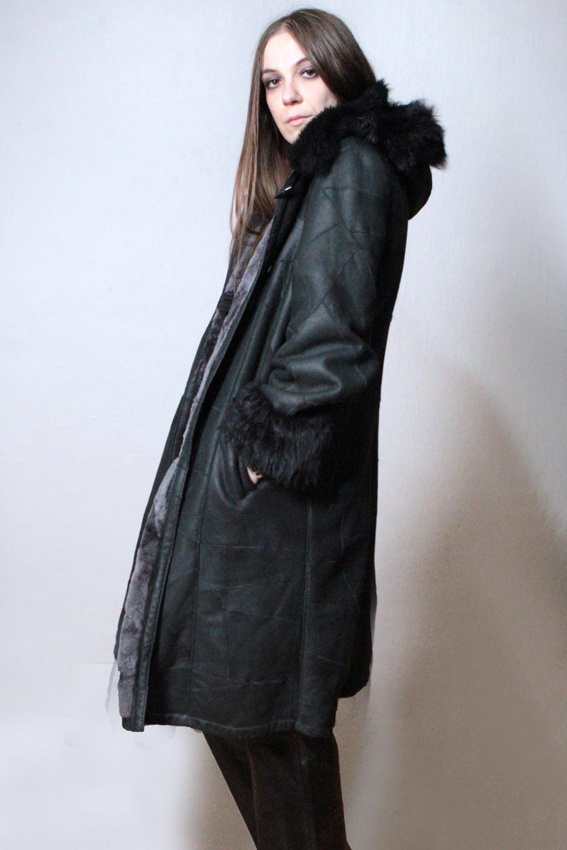 black patchwork sheepskin coat with black fur shearling
