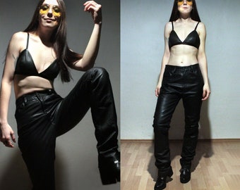 Vintage black leather pants / High waisted leather trousers