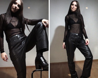 Bootcut leather pants / Womens high waisted leather trousers