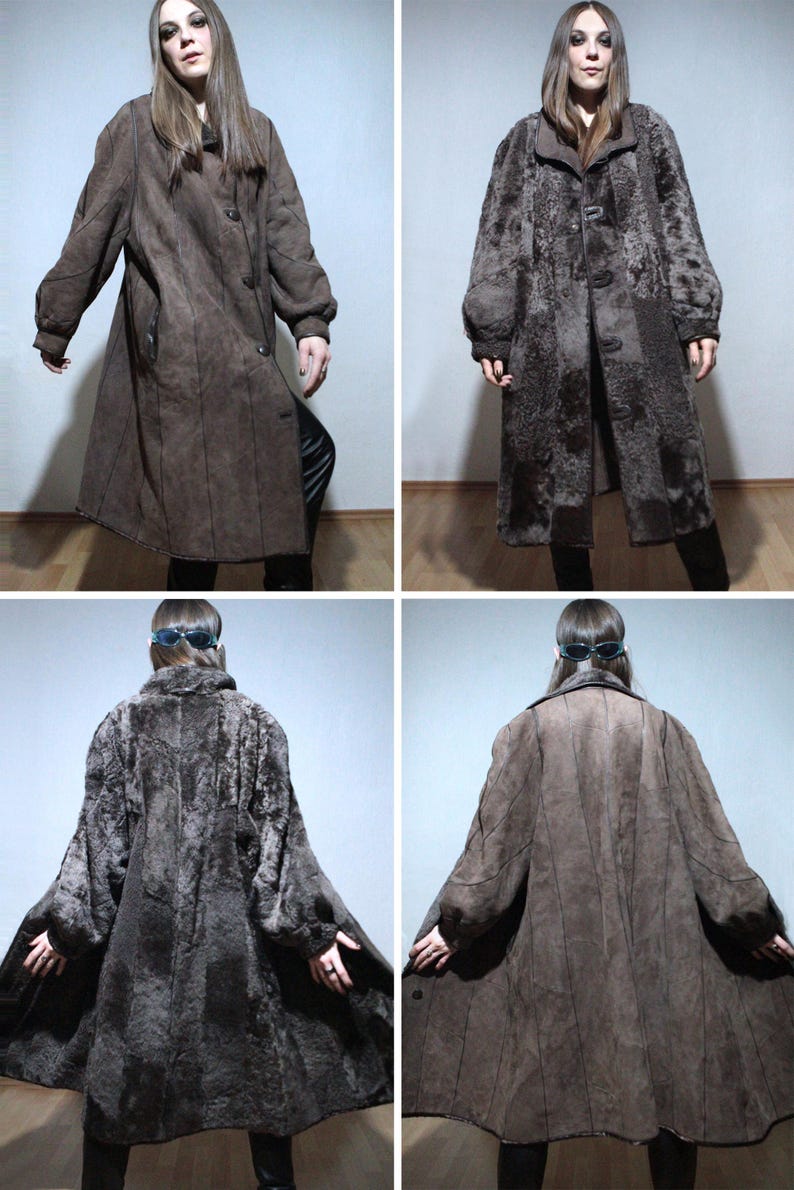 reversible brown sheepskin coat with real shearling teddy bear fur