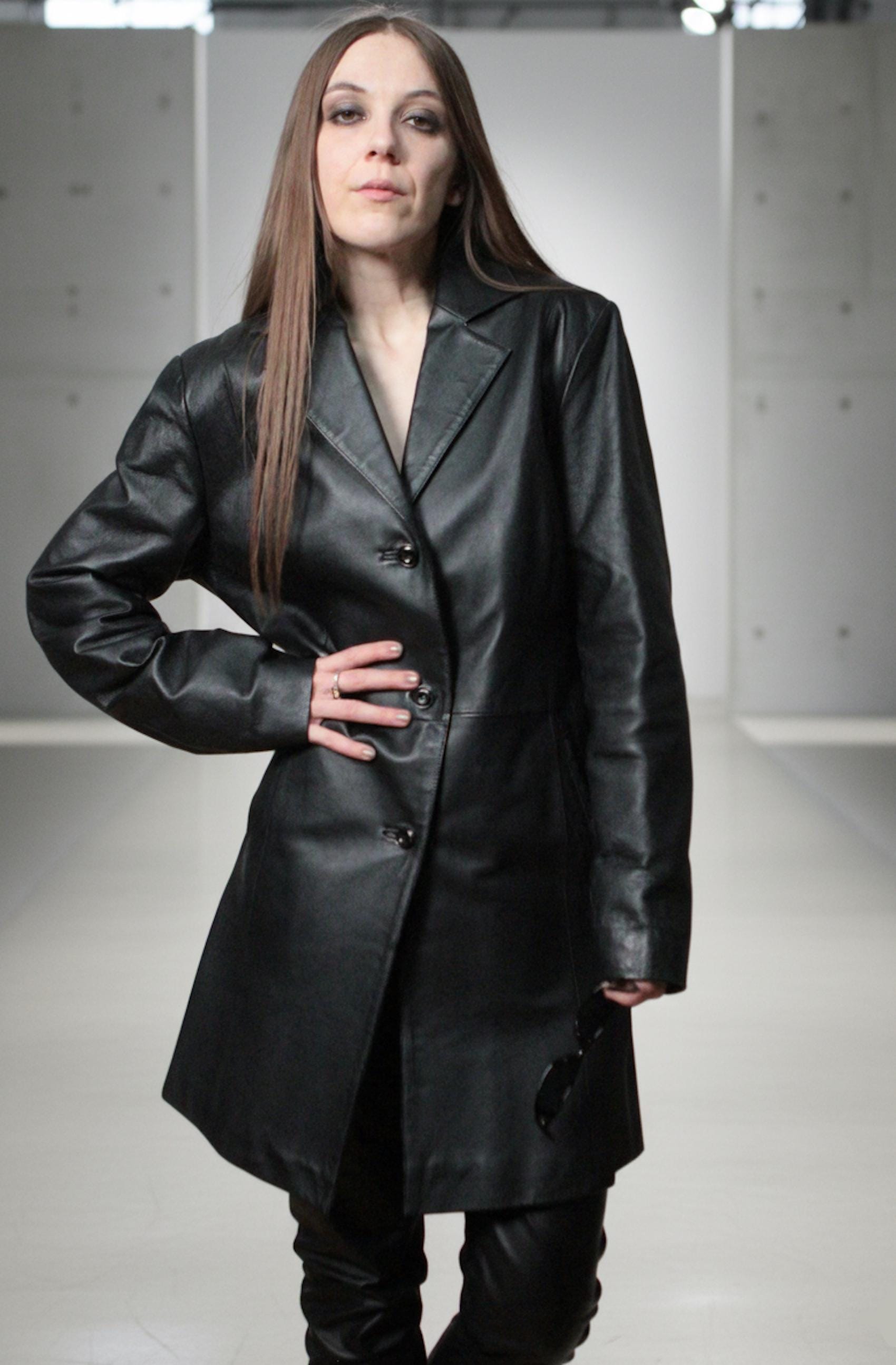 Womens Long Leather Blazer / 2000s Vintage Black Leather Coat 