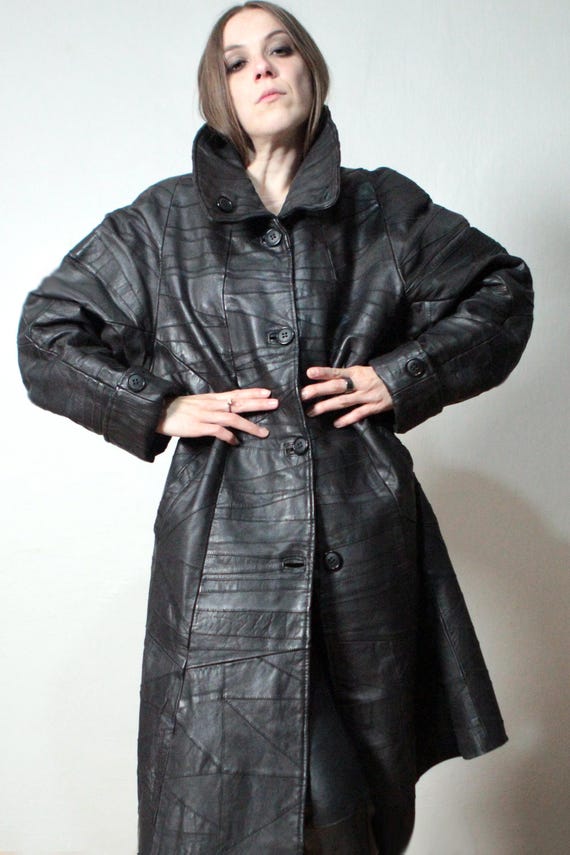 Patchwork leather coat / Dark brown leather maxi … - image 9