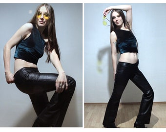 Low rise leather pants / Bell bottom flare leather trousers with low waist