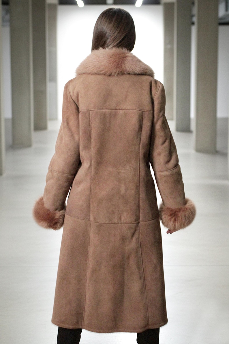 vintage brown sheepskin coat with shearling fur collar and hems