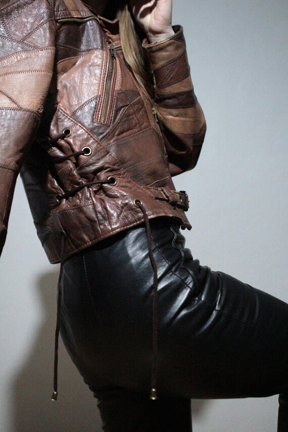 Cropped brown patchwork leather jacket / Vintage … - image 6