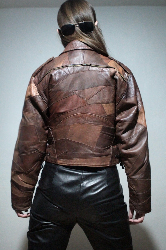 Cropped brown patchwork leather jacket / Vintage … - image 4