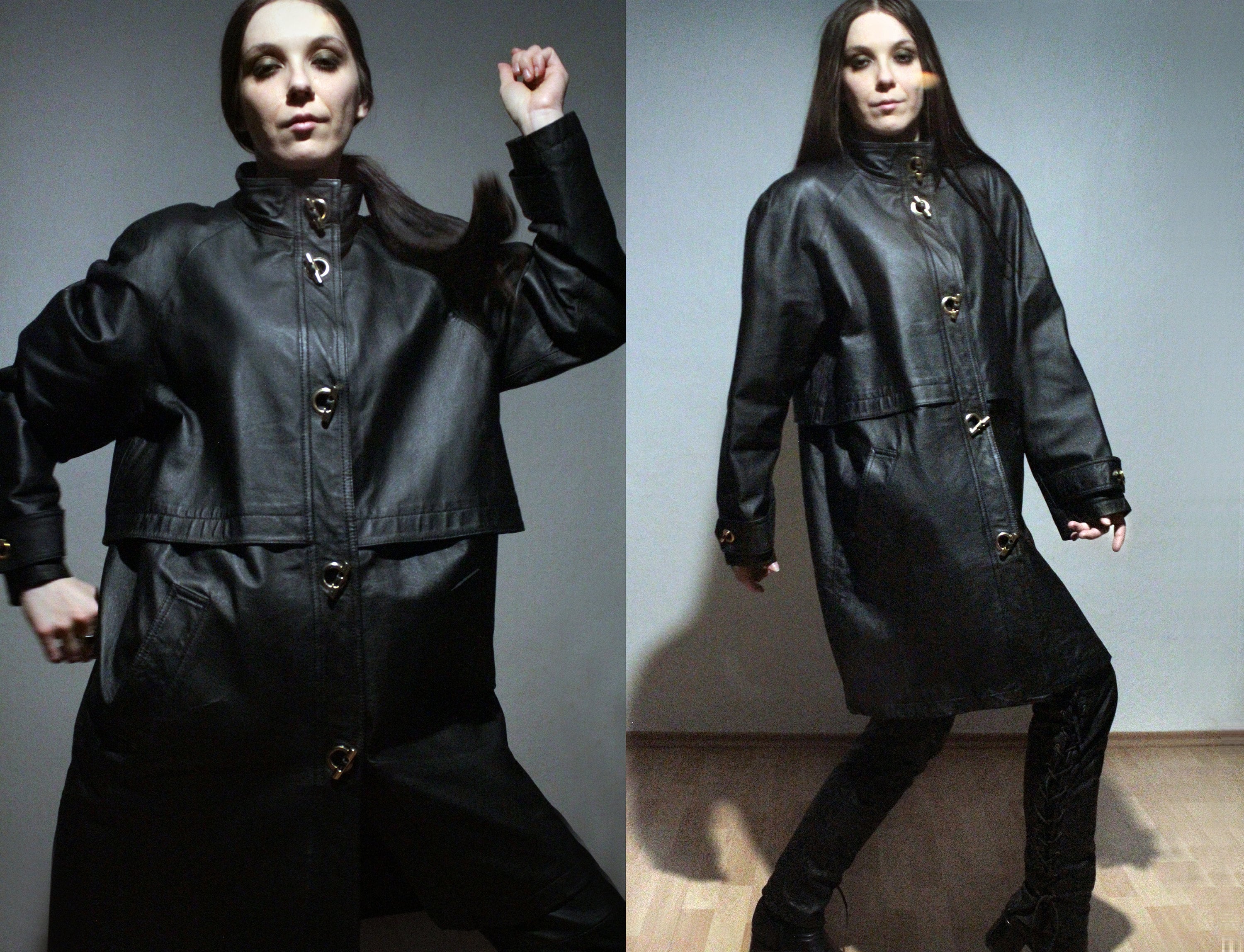 ジャケット・アウター real leather maxi long coat BLACK Black Leather Trench Coat / Womens Leather Parka / Long