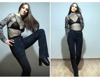 Blue suede pants / Bootcut leather trousers / Vintage button up pants