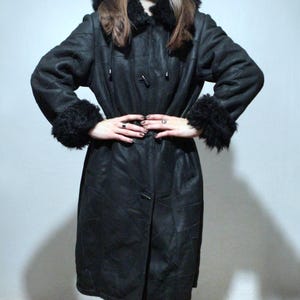 hooded sheepskin jacket long black shearling patchwork leather coat