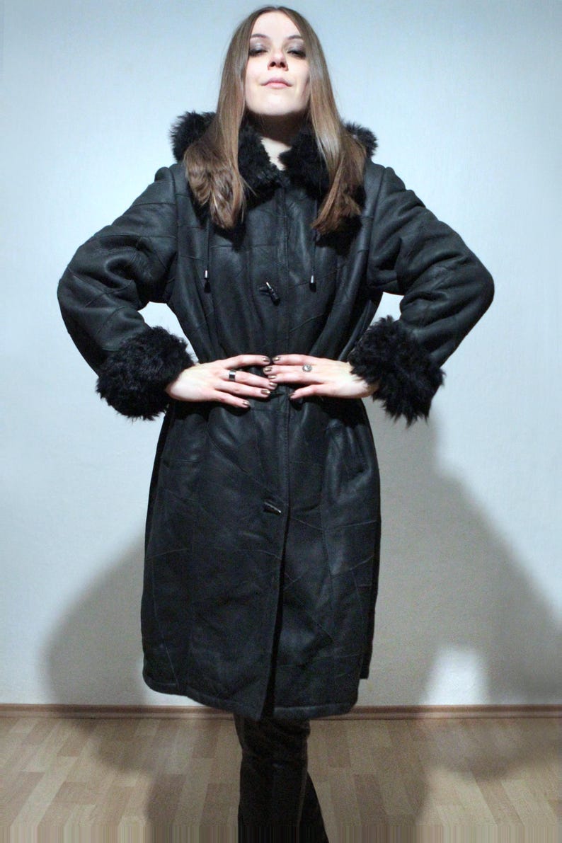 hooded sheepskin jacket long black shearling patchwork leather coat