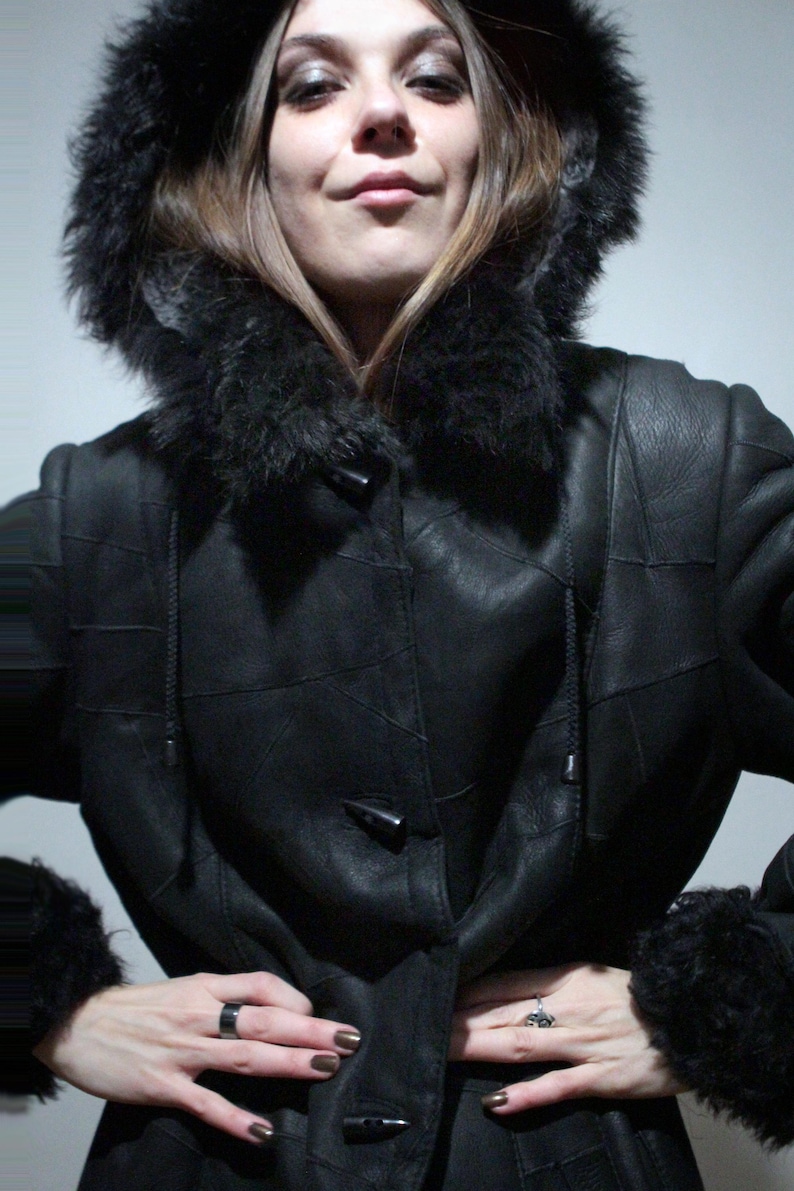 hooded sheepskin jacket long black shearling patchwork leather coat