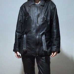 90s vintage black leather parka jacket with leather belt