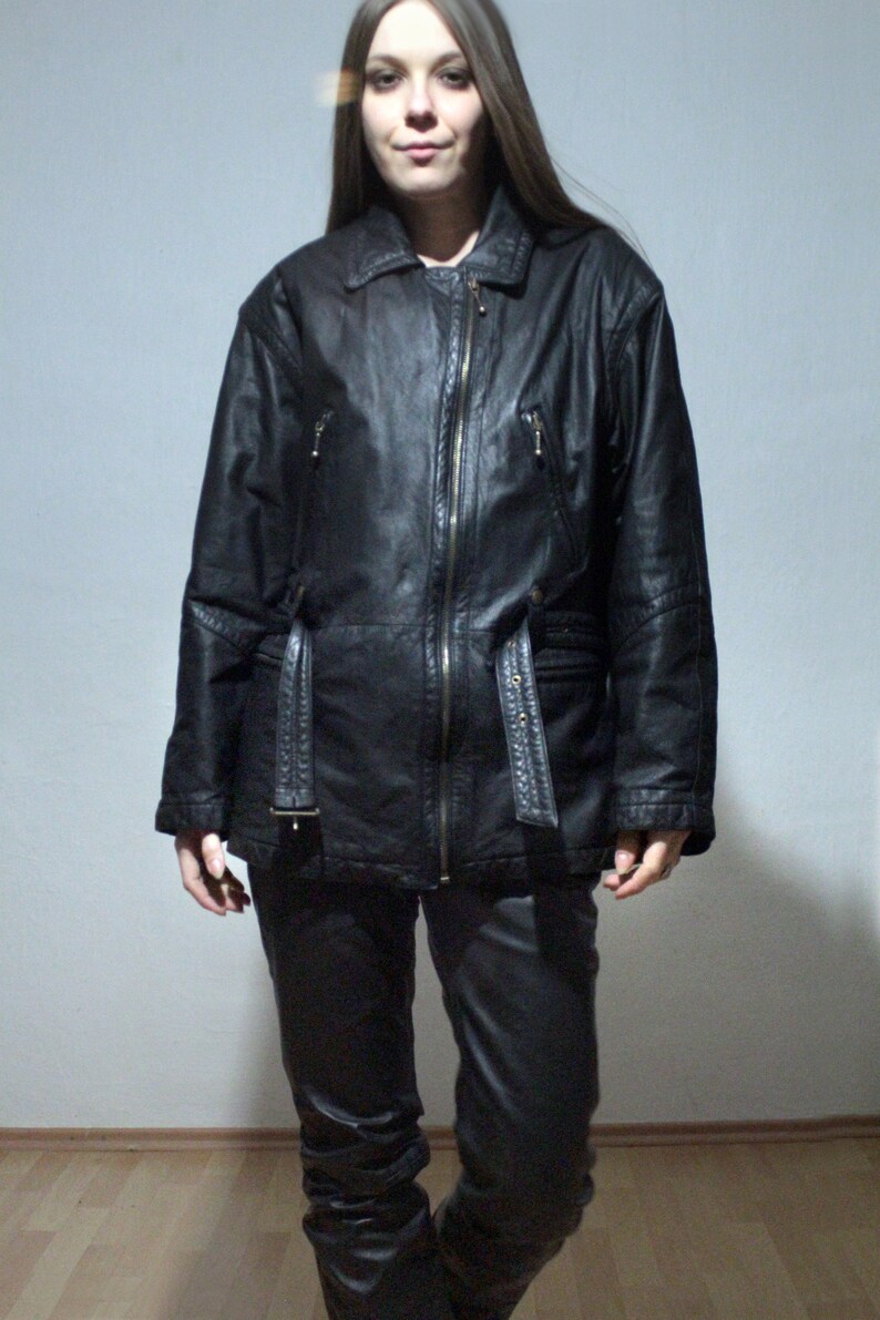 90s vintage black leather parka jacket with leather belt