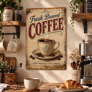 May include: A rectangular metal wall sign with a distressed cream background featuring the text Fresh Brewed COFFEE in large red and dark blue letters. The sign displays a graphic of a coffee cup on a saucer with scattered coffee beans.