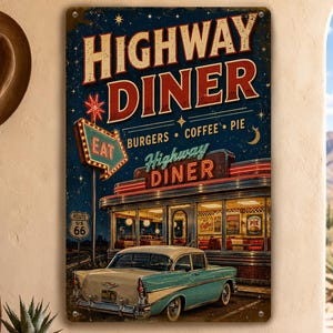 Puede incluir: Letrero metálico vintage que representa una escena de restaurante retro. El letrero dice "HIGHWAY DINER" en letras rojas en negrita sobre un fondo azul oscuro estrellado. Un coche clásico de color turquesa está aparcado frente al restaurante, con las palabras "BURGERS, COFFEE, PIE" debajo.