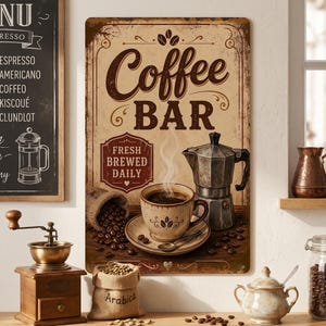 May include: A rectangular metal sign featuring the text Coffee BAR and FRESH BREWED DAILY. The design displays a steaming cup of coffee on a saucer, a moka pot, and scattered coffee beans on a wooden surface with a distressed, vintage-style finish.