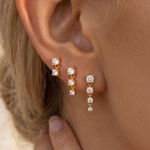 18k gold Gold Drop Stud Earrings Set, CZ Linear Dangle Studs, Graduated Bar Earrings, Minimal Ear Stack Jewelry Gift for Her