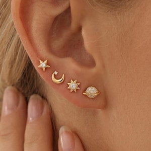 18k gold Celestial Stud Earrings Set, Saturn Moon Sun Star CZ Earrings, Dainty Minimalist Gift for Her