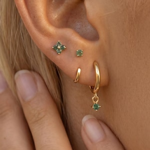 18k gold Green Moss Agate Ear Stack Set, Flat Back Stud, Open Hoop & Charm Huggie Earrings, Minimalist Gift for Her