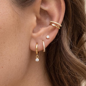 18K Gold Filled Stacking Earring Set of 4, Dainty CZ Stud, Pave Huggie Hoops, Ear Cuff, Curated Ear for Multiple Piercings