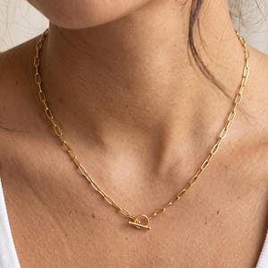 May include: A gold-toned chain necklace featuring elongated oval links and a central toggle clasp closure. The necklace rests against the neck, showcasing a uniform metallic finish and a classic link design that connects at the front with a bar and ring.