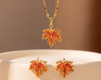 Maple Leaf Jewelry Set, 18K Gold Filled Necklace and Earrings Set, Orange Crystal Leaf Set, Nature Inspired Jewelry Gift for Her