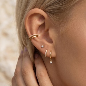 18K Gold Filled Stacking Earring Set of 4, Dainty CZ Stud, Pave Huggie Hoops, Ear Cuff, Curated Ear for Multiple Piercings
