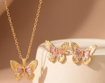 Conjunto de joyas de mariposa rosa chapado en oro de 18 quilates, collar y pendientes de mariposa de oro vintage, conjunto de mariposa de circonita, regalo para ella, joyería Fairycore