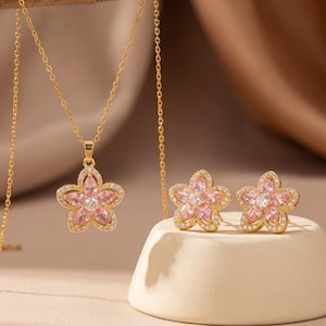 18K Gold Filled Pink Floral Jewelry Set, Dainty Cherry Blossom Necklace and Earrings, Pink Crystal Flower Set, Romantic Gift for Her
