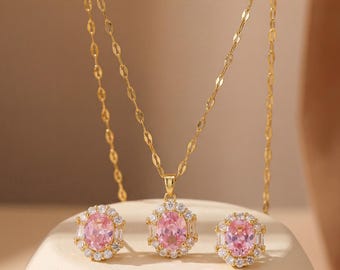Smyckeset med rosa CZ i 18K guld, ovala örhängen, hängehalsband, fin elegant present till henne