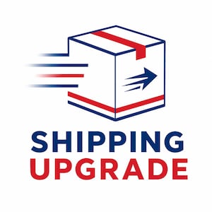 May include: A graphic icon of a white cube with blue outlines, red stripes, and a blue arrow pointing right, suggesting motion with horizontal lines. Below the icon, the text SHIPPING UPGRADE is displayed in bold blue and red capital letters.