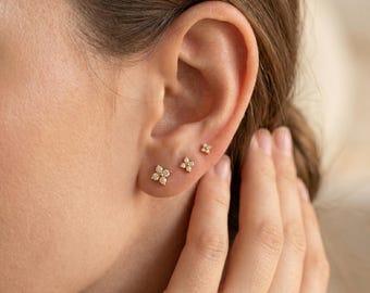 18K Gold Filled Clover Studs, Dainty Flower Earrings, Tiny CZ Studs for Multiple Piercings, Minimalist Ear Stack, Everyday Gift for Her