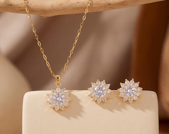 18K Gold Filled Snowflake Jewelry Set, Dainty Necklace Earrings Set, Crystal Flower Bridal Jewelry, Gift for Her