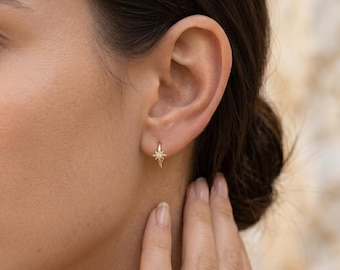 18K Gold Filled Star Huggie Earrings, Dainty North Star Hoops, Minimalist Celestial Jewelry, CZ Sunburst Earrings, Small Everyday Hoops