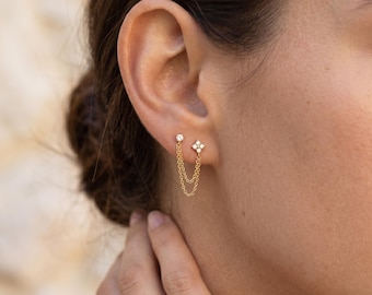 18K Gold Filled CZ Drop Earrings, Dainty Crystal Chain Earrings, Minimalist Everyday Elegant Jewelry Gift