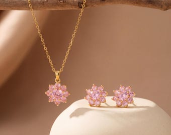 Set di gioielli con fiori rosa in oro 18 carati, collana e orecchini con zirconi rosa, gioielli floreali delicati, regalo coordinato per lei, set in oro