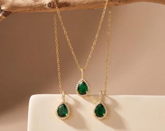 18K Gold Filled Emerald Green Teardrop Jewelry Set, Bridal Necklace Earrings Set, Pear Cut Wedding Jewelry, Bridesmaid Gift