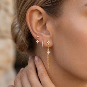 925 Sterling Silver Ear Stack Set, CZ Flower Drop Stud Earrings, Pavé Huggie Hoop & CZ Chain Connector Earrings, Dainty Gift for Her
