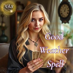 May include: A woman with blonde hair holds tarot cards, with the words "Good Weather Spell" overlaid. The image has a mystical theme, with a clock and a logo in the background.