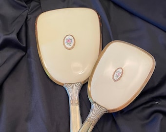 Beautiful Vintage Brush and Mirror Set Celluloid Back with Flower Detail - Free Shipping