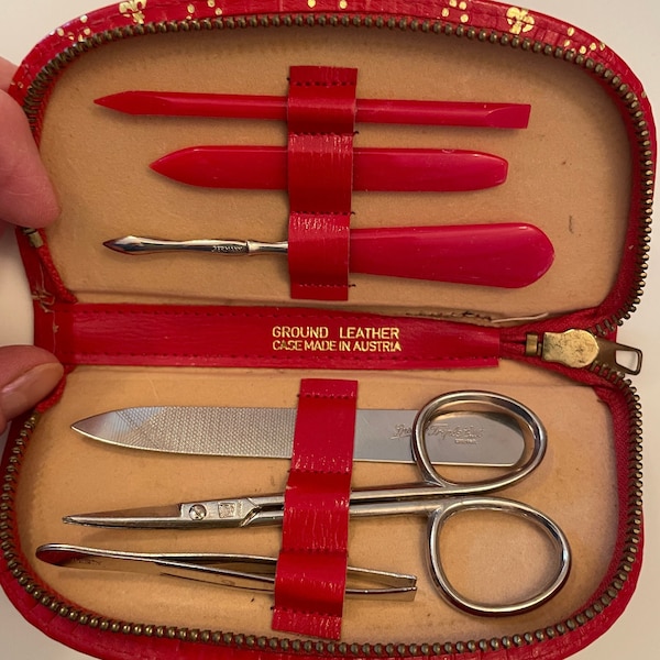 High Quality Austrian Manicure Set in Red Leather Zipper Case