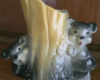 Vintage Bear Vase Yellow and Brown Animal Vase Whimsical Bear Cub Twins Vase