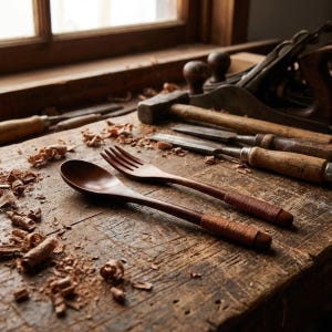 May include: A wooden spoon and fork set with wrapped handles rest on a rustic wooden surface scattered with wood shavings. Various woodworking tools, including chisels, a hammer, and a plane, are in the background, suggesting a handcrafted theme.