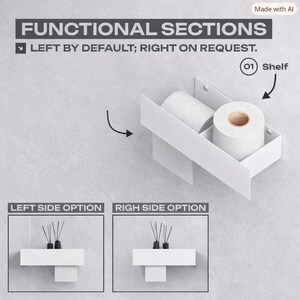 May include: A white wall-mounted bathroom organizer featuring a toilet paper roll holder and a flat shelf. The text reads FUNCTIONAL SECTIONS, LEFT BY DEFAULT; RIGHT ON REQUEST, 01 Shelf, LEFT SIDE OPTION, and RIGH SIDE OPTION.